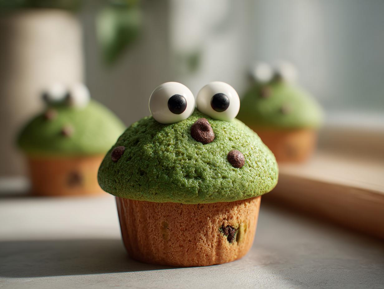Close-up of a green Monster Muffin for Kids, decorated with candy eyes and chocolate chips.