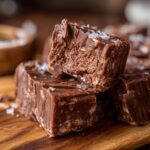 Close-up of stacked pieces of No-Bake Holiday Fudge Recipe topped with sea salt on a wooden board.