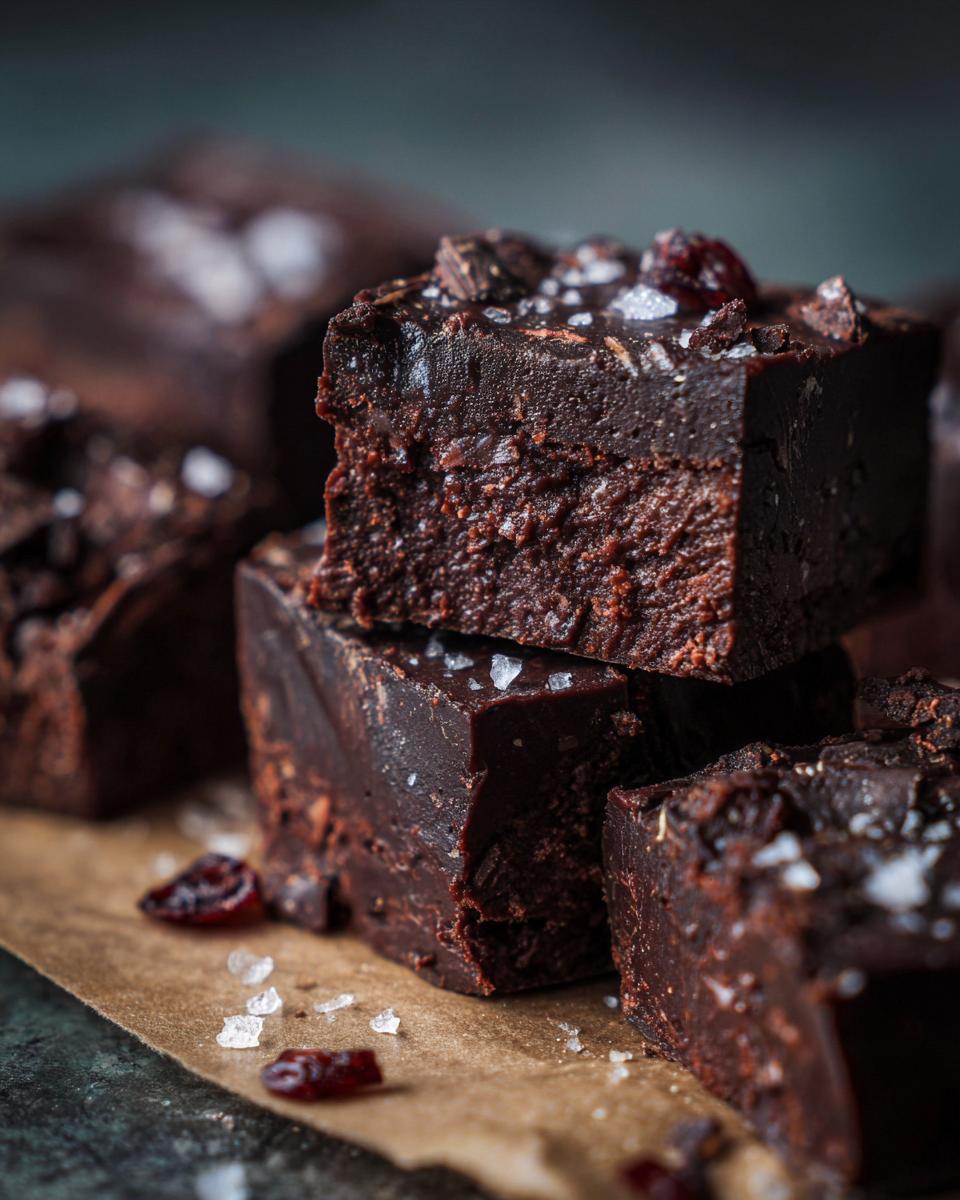 Close-up of stacked No-Bake Holiday Fudge squares, topped with sea salt and dried cranberries.