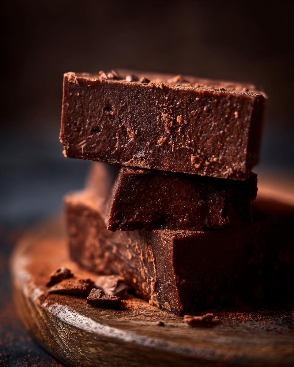 A stack of three rich, dark chocolate No-Bake Holiday Fudge pieces on a wooden board, dusted with cocoa powder.