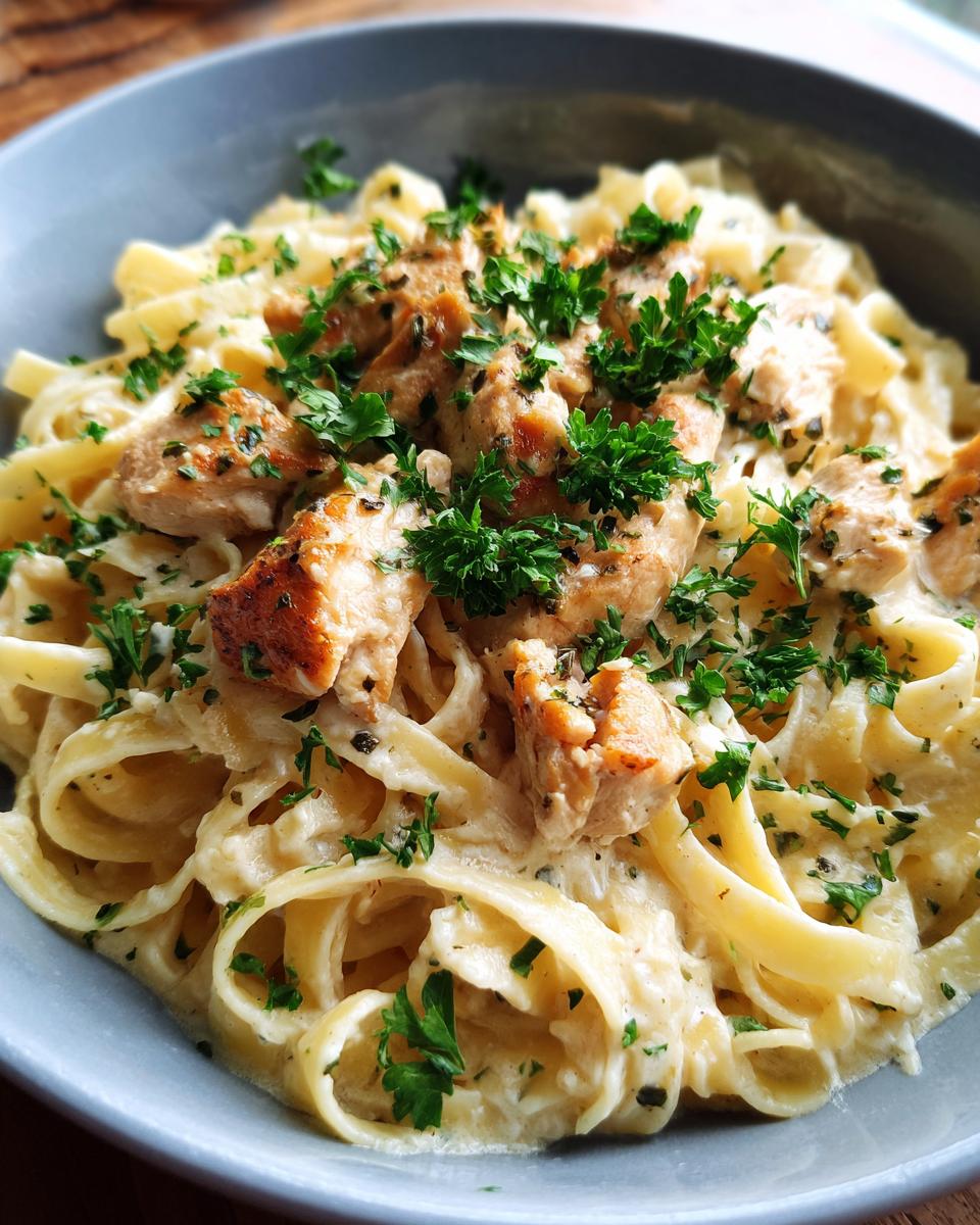 Close-up of One-Pot Chicken Alfredo in a bowl, garnished with fresh parsley. Creamy pasta dish.