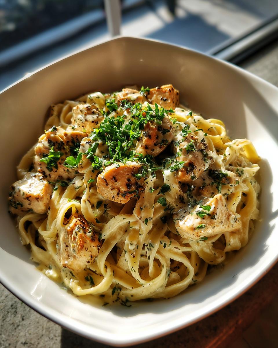 Close-up of a bowl of One-Pot Chicken Alfredo, featuring creamy pasta, seasoned chicken, and fresh parsley.
