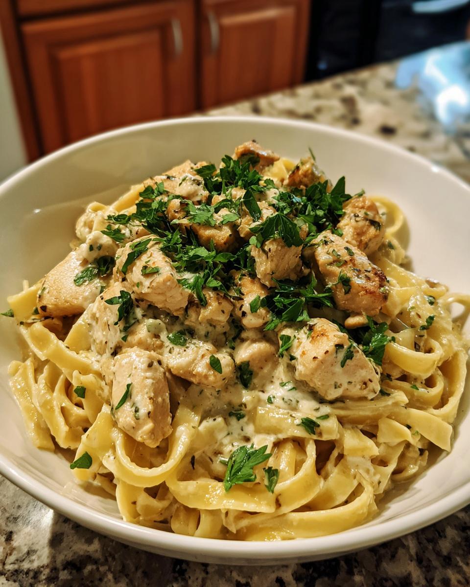 A bowl of creamy One-Pot Chicken Alfredo with fettuccine, chicken, alfredo sauce, and parsley.