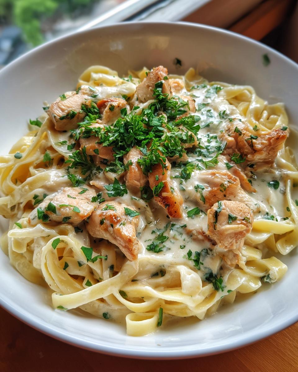 A bowl of creamy One-Pot Chicken Alfredo, garnished with fresh parsley. Tender chicken and pasta in a rich sauce.