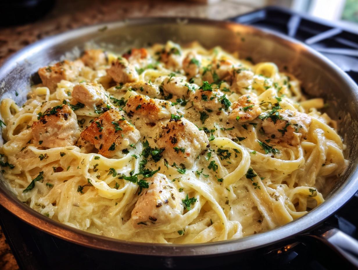 Close-up of One-Pot Chicken Alfredo in a skillet, featuring fettuccine pasta, creamy sauce, and seasoned chicken.
