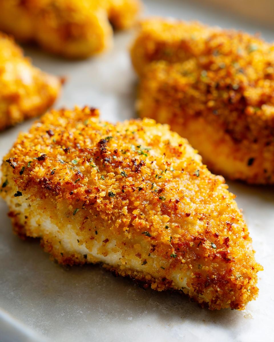 Close-up of golden Parmesan Crusted Chicken breasts on a baking sheet, showing crispy texture and herb garnish.