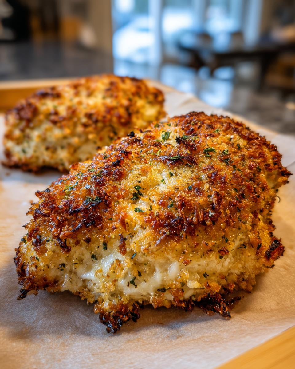 Two pieces of golden brown Parmesan Crusted Chicken, seasoned with herbs, on a wooden board.