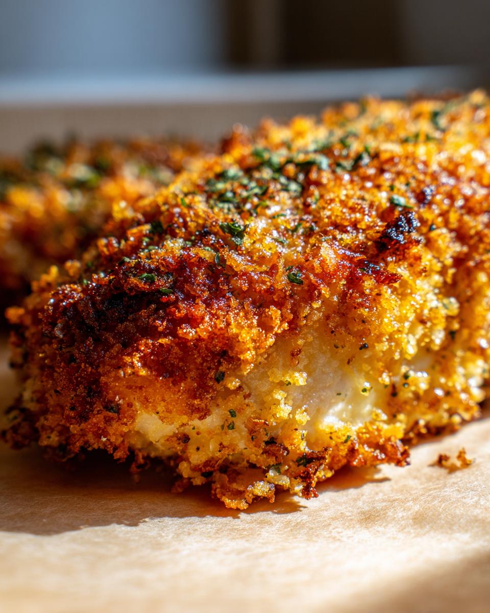 A close-up of golden brown Parmesan Crusted Chicken with herbs, showcasing its crispy texture.