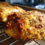 Close-up of golden brown Parmesan Crusted Chicken on a wire rack, seasoned with herbs.