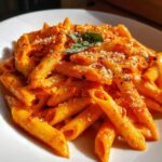 A plate of Penne alla Vodka, garnished with fresh basil and parmesan cheese.
