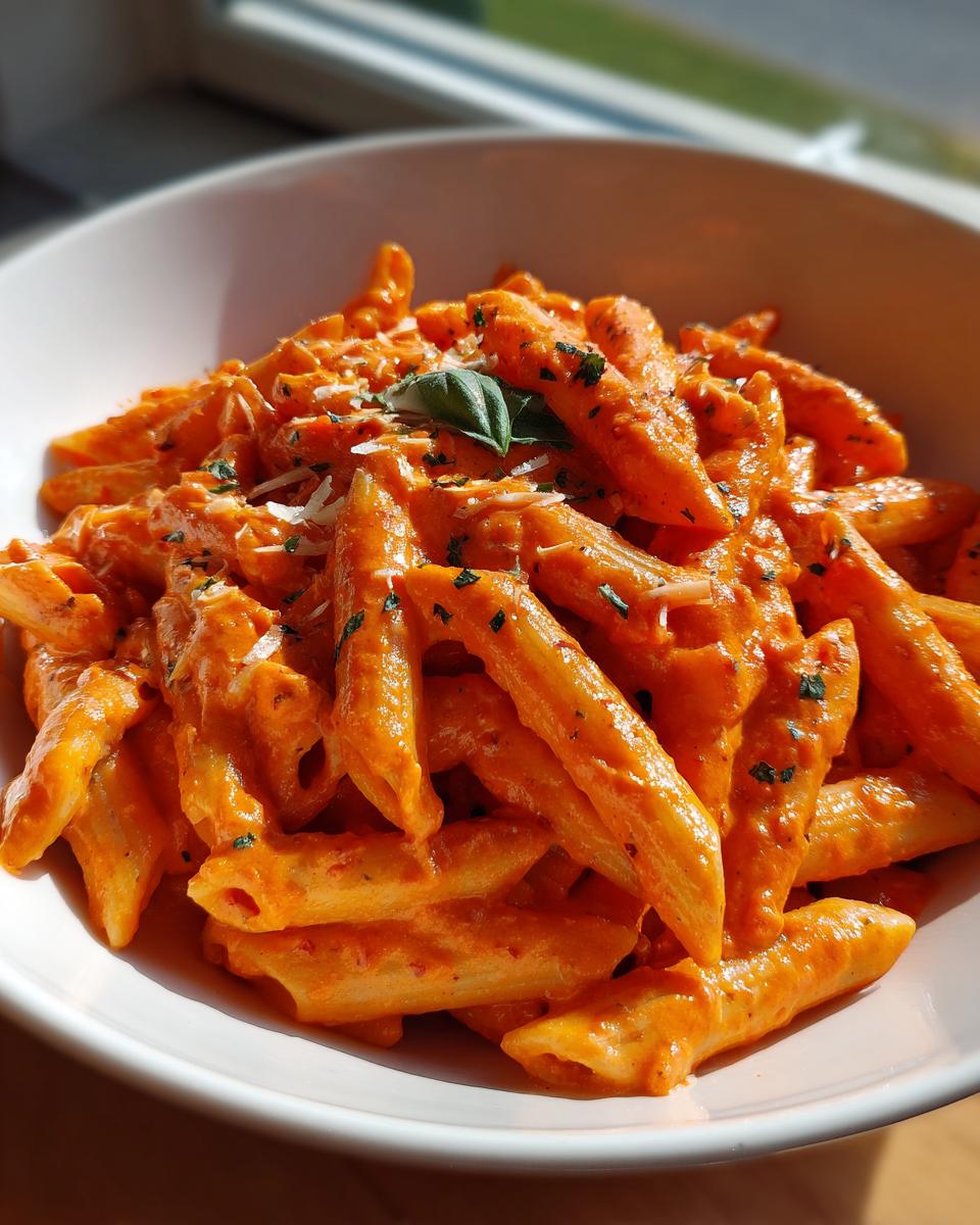 A bowl of creamy Penne alla Vodka, garnished with fresh basil and parmesan cheese.