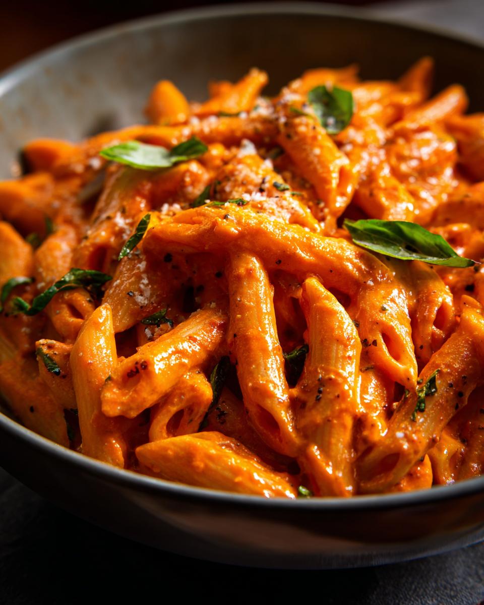 Close-up of Penne alla Vodka in a bowl, garnished with basil and parmesan cheese.