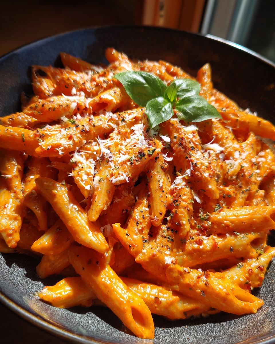 Bowl of Penne alla Vodka, garnished with basil and parmesan cheese. Creamy tomato sauce coats the penne pasta.
