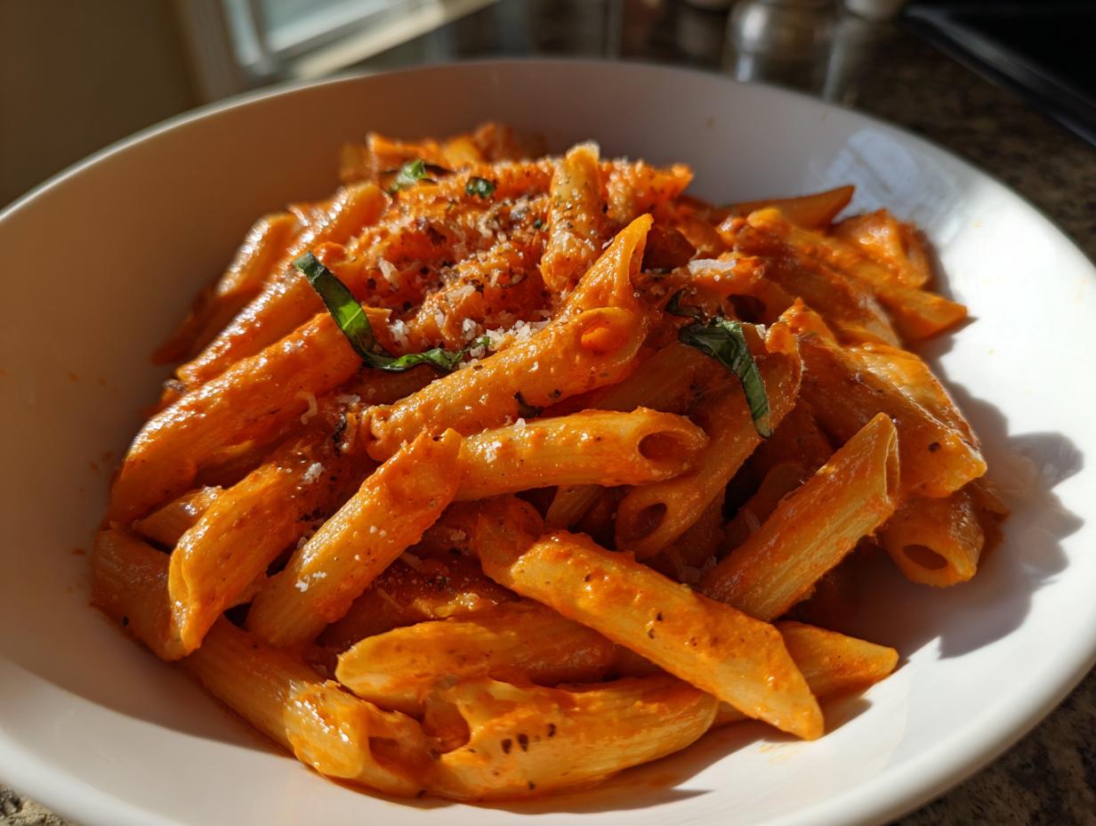 A tempting bowl of Penne alla Vodka, garnished with basil and parmesan cheese.
