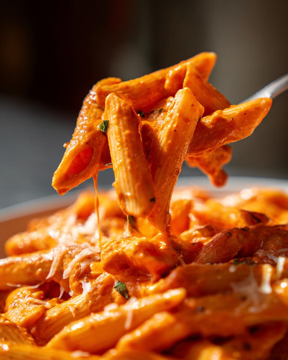 Close-up of Penne alla Vodka on a fork, showcasing the creamy tomato sauce and pasta texture.