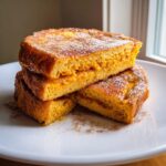 A stack of Pumpkin Spice Halloween French Toast topped with powdered sugar on a white plate.
