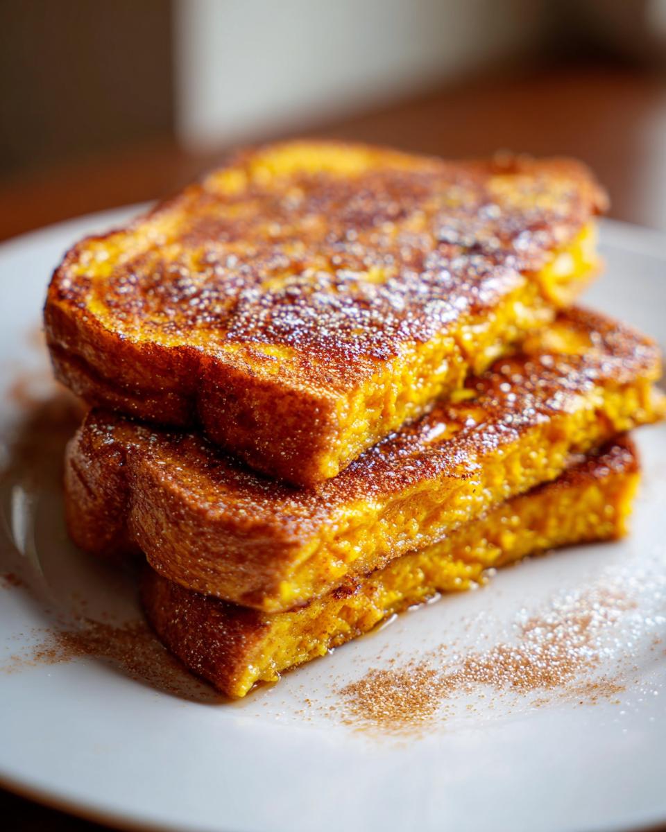 A stack of golden Pumpkin Spice Halloween French Toast sprinkled with powdered sugar and cinnamon on a white plate.