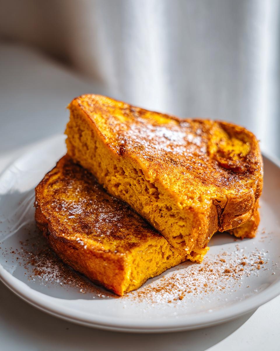 Two slices of Pumpkin Spice Halloween French Toast stacked on a plate, dusted with powdered sugar and cinnamon.