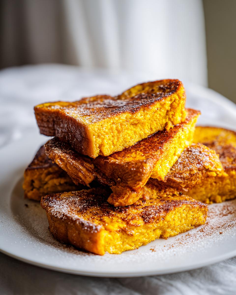 A stack of golden Pumpkin Spice Halloween French Toast, dusted with powdered sugar and cinnamon, on a white plate.