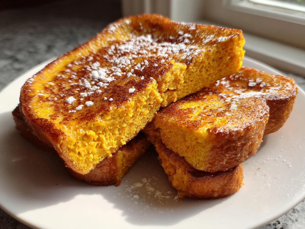 A stack of pumpkin spice Halloween French toast topped with powdered sugar on a white plate.