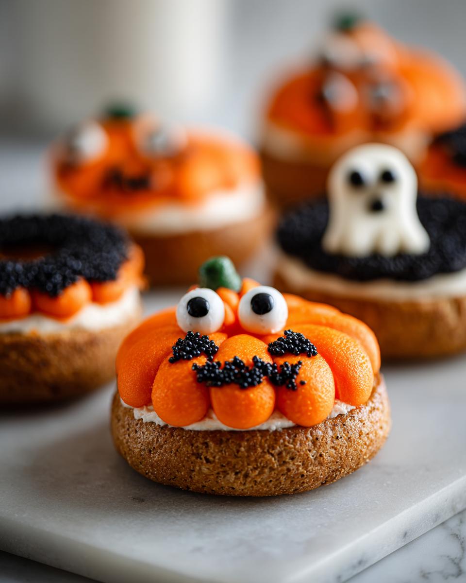 A pumpkin-themed spooky Halloween bagel idea with orange frosting, candy eyes, and black sprinkles on a white surface.