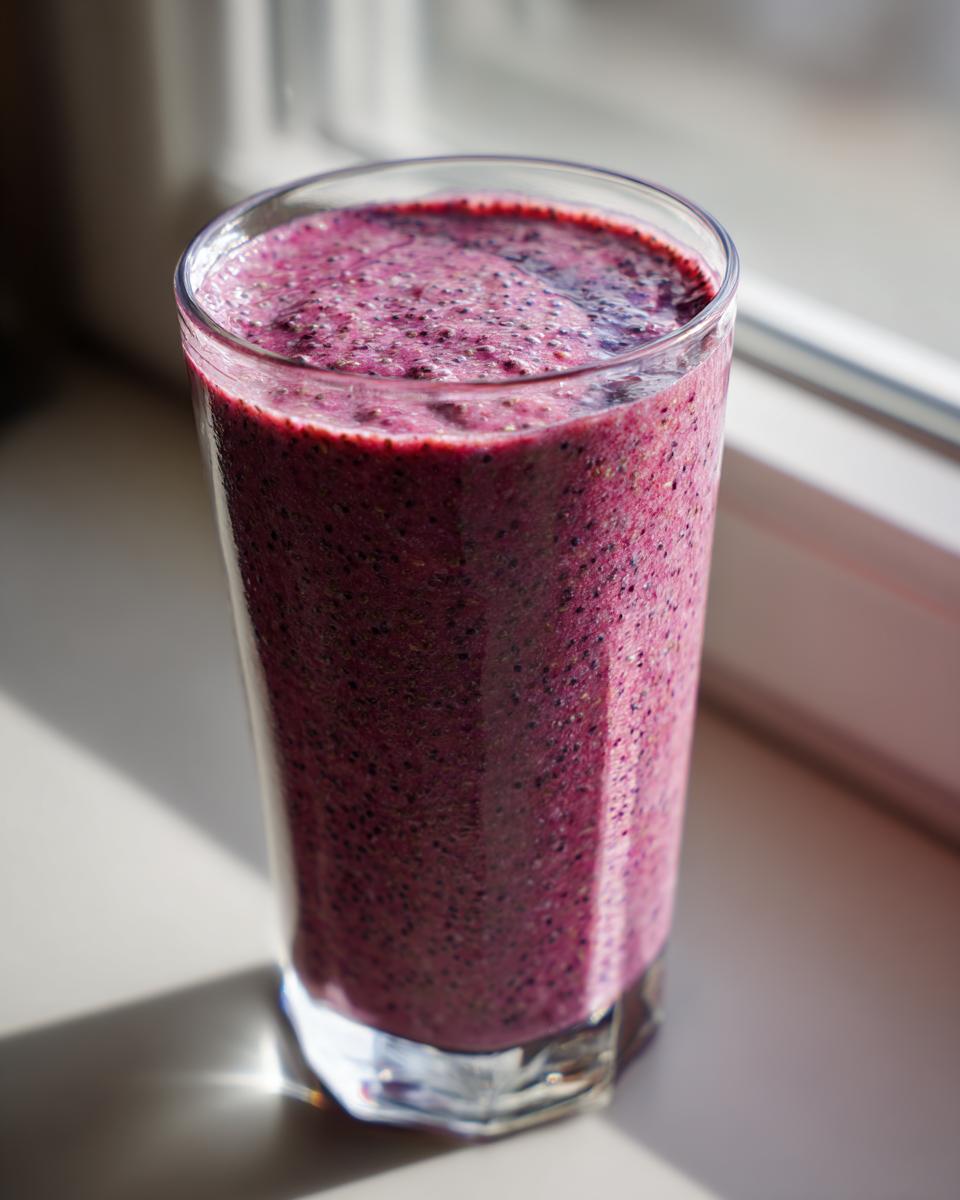 A glass filled with a vibrant purple breakfast smoothie recipe, ready to be enjoyed.