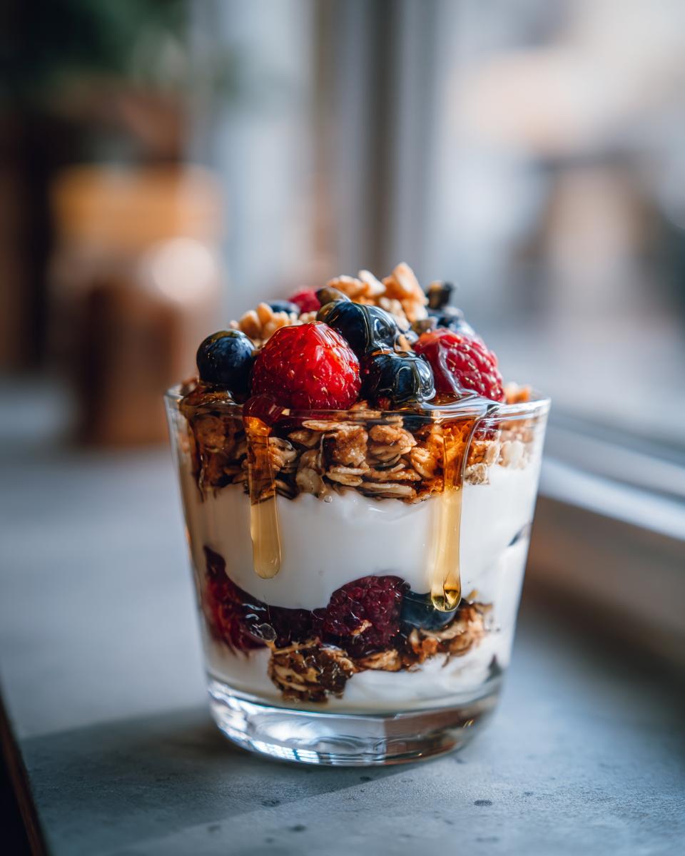 A glass filled with layers of yogurt, granola, and fresh berries for a Quick Breakfast Parfait.