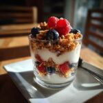 A glass of Quick Breakfast Parfait layered with yogurt, granola, raspberries, and blueberries.