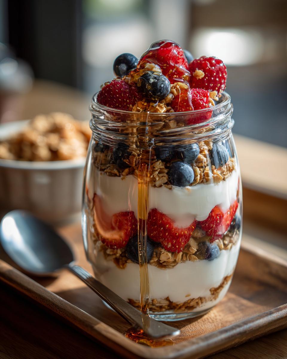 A glass jar filled with a Quick Breakfast Parfait, layered with yogurt, granola, and fresh berries, drizzled with honey.