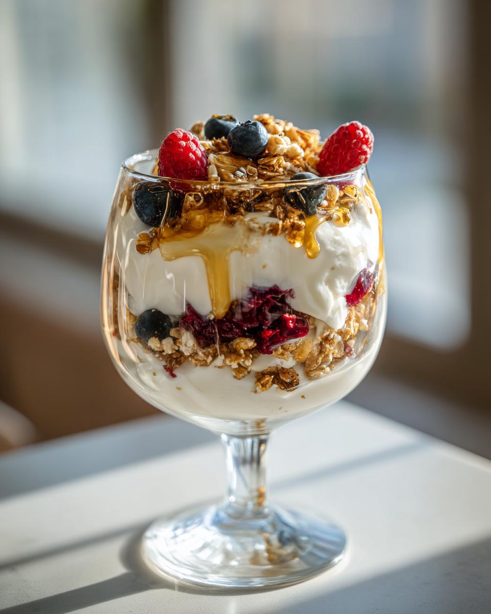A layered Quick Breakfast Parfait in a glass with yogurt, granola, berries, and a drizzle of honey.