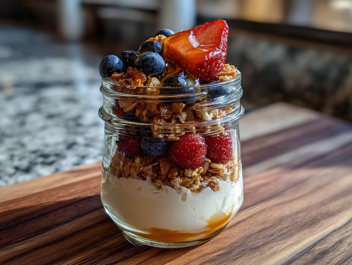 A layered quick breakfast parfait in a glass jar with yogurt, granola, and fresh berries.