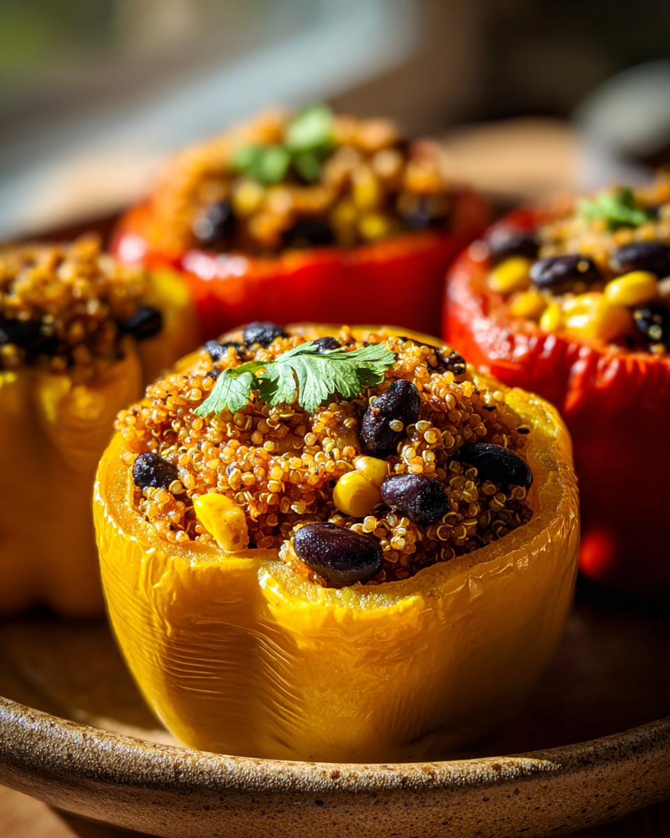 Close-up of colorful Quinoa Stuffed Bell Peppers filled with quinoa, corn, and black beans.