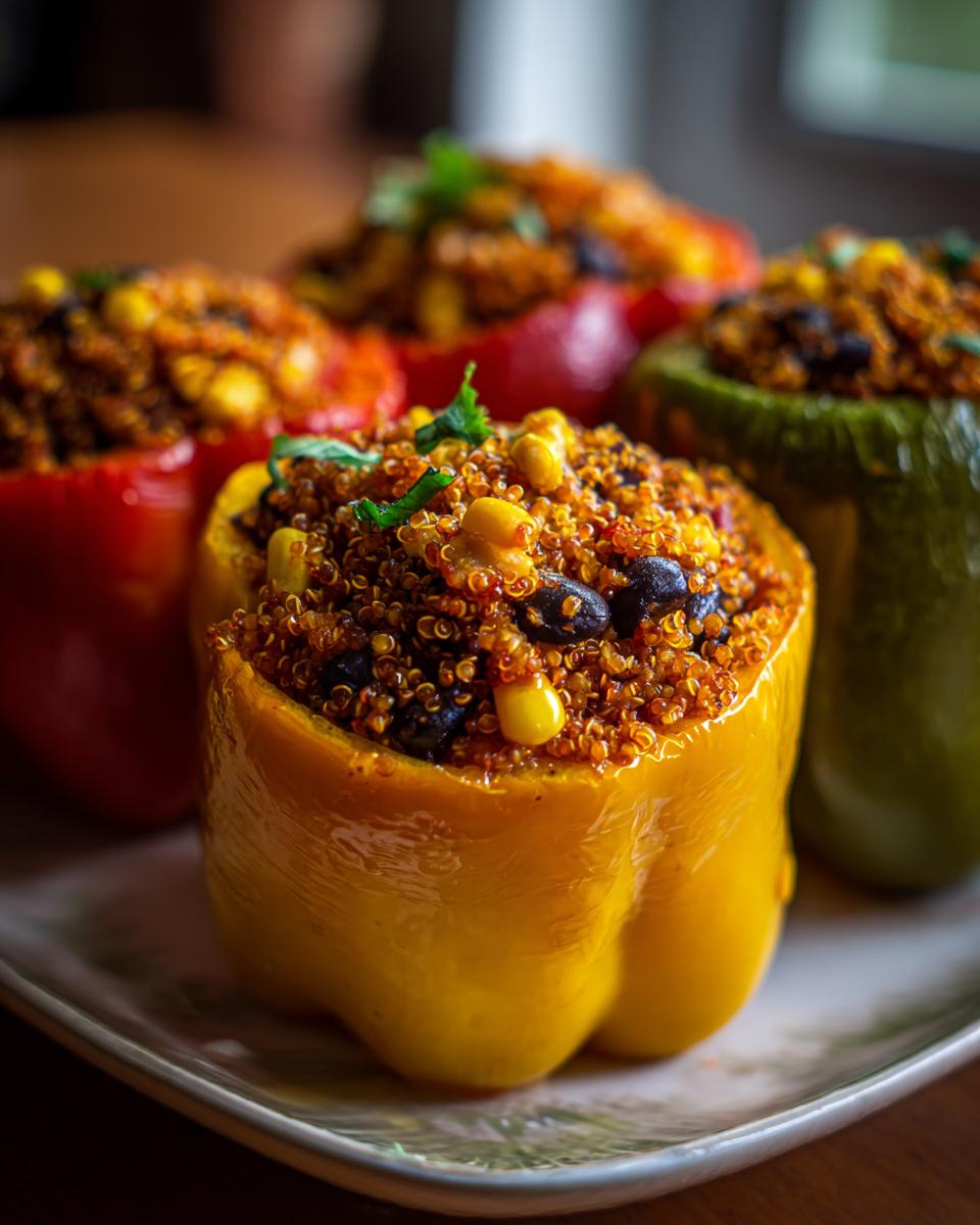 Four colorful bell peppers, red, yellow, and green, filled with quinoa, black beans, and corn. Quinoa Stuffed Bell Peppers.