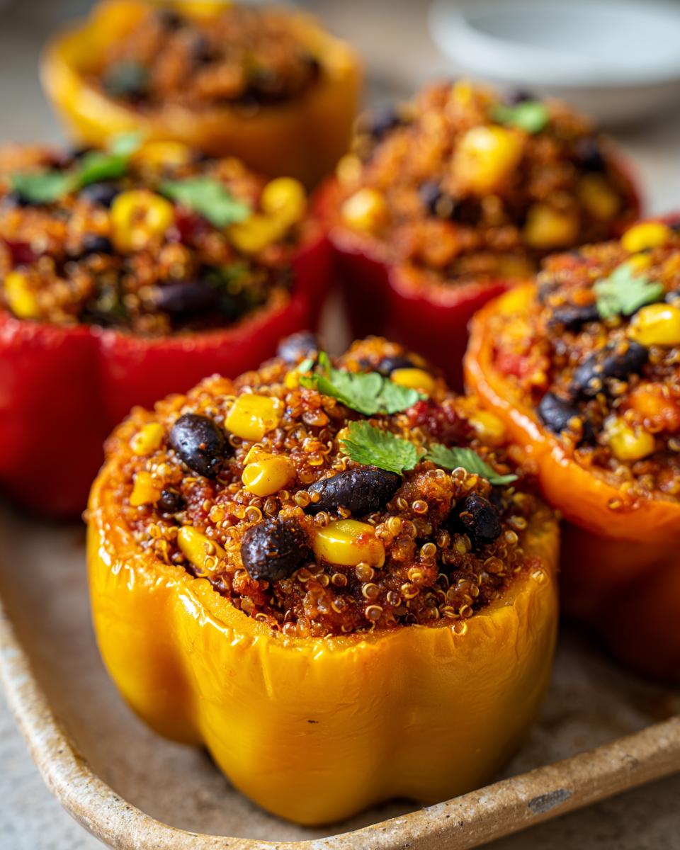 Close-up of vibrant Quinoa Stuffed Bell Peppers in red, yellow, and orange, filled with quinoa, corn, and black beans.