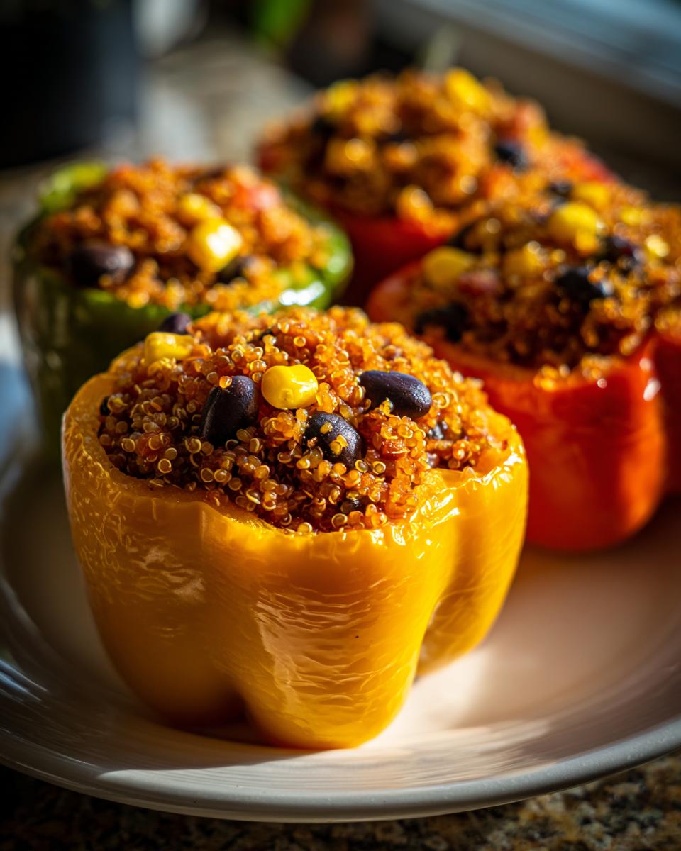 Four colorful bell peppers stuffed with quinoa, corn, and black beans on a white plate. Quinoa Stuffed Bell Peppers recipe.