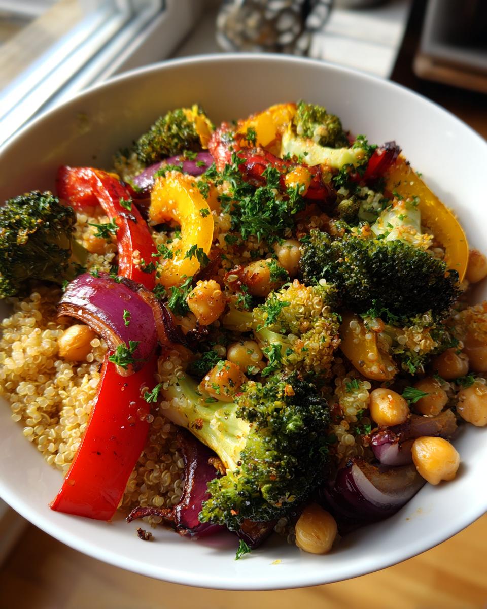 A vibrant Quinoa and Veggie Power Bowls featuring quinoa, roasted broccoli, peppers, onions, and chickpeas.