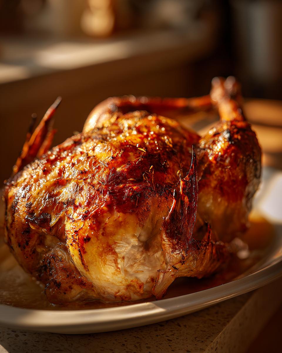 Golden brown roasted chicken on a plate, a great source of protein for Protein-Packed Lunch Boxes.