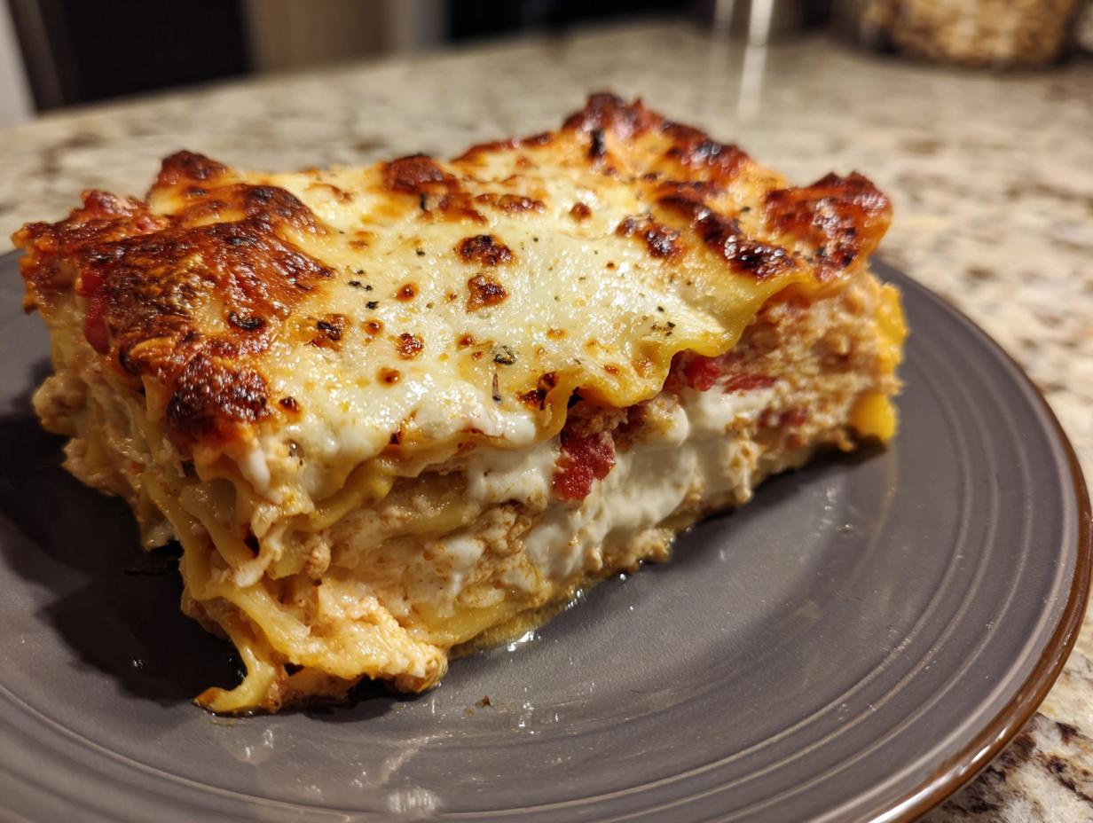 A slice of Roasted Vegetable Lasagna with visible layers of pasta, cheese, and roasted vegetables on a gray plate.