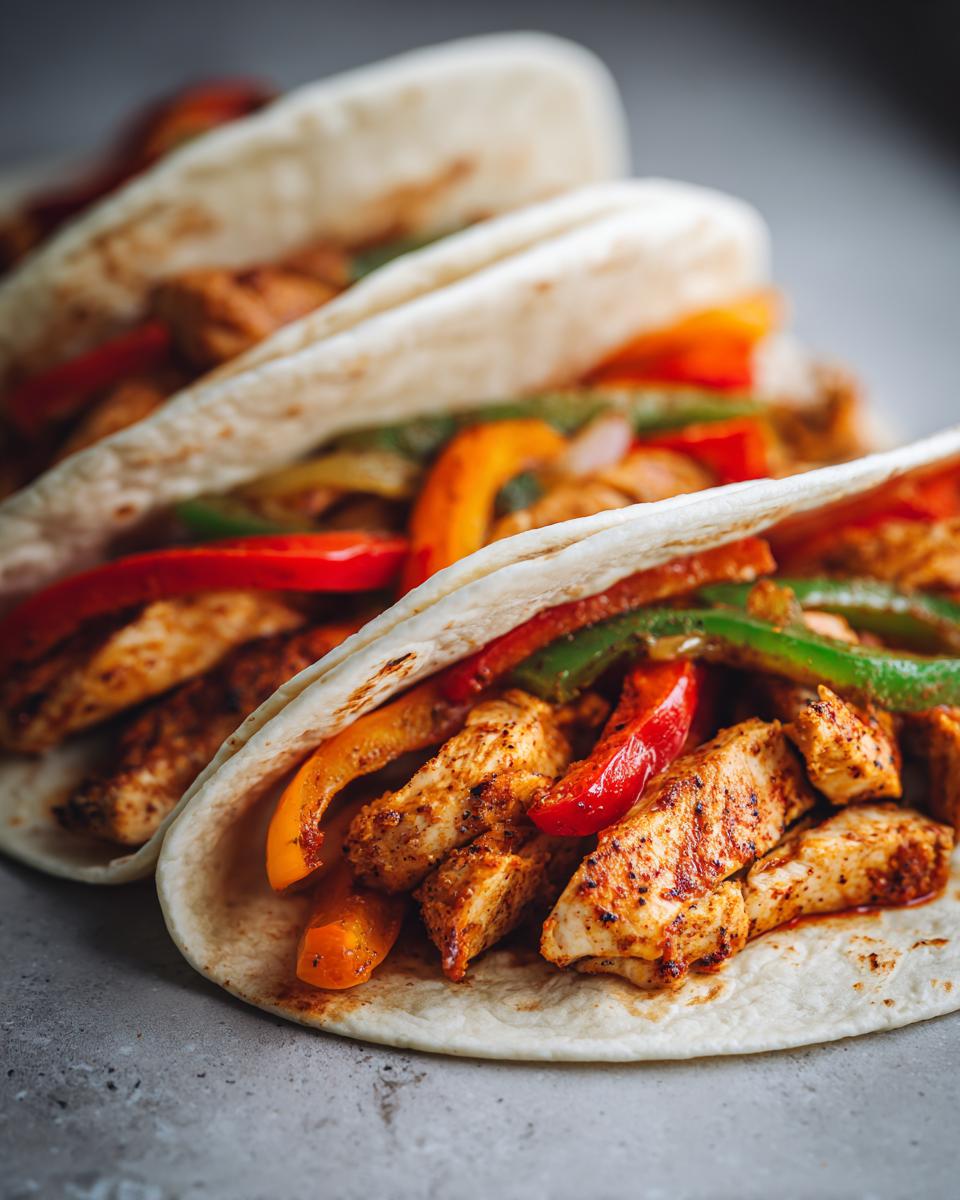 Close-up of two Sheet Pan Fajitas filled with seasoned chicken and colorful bell peppers.