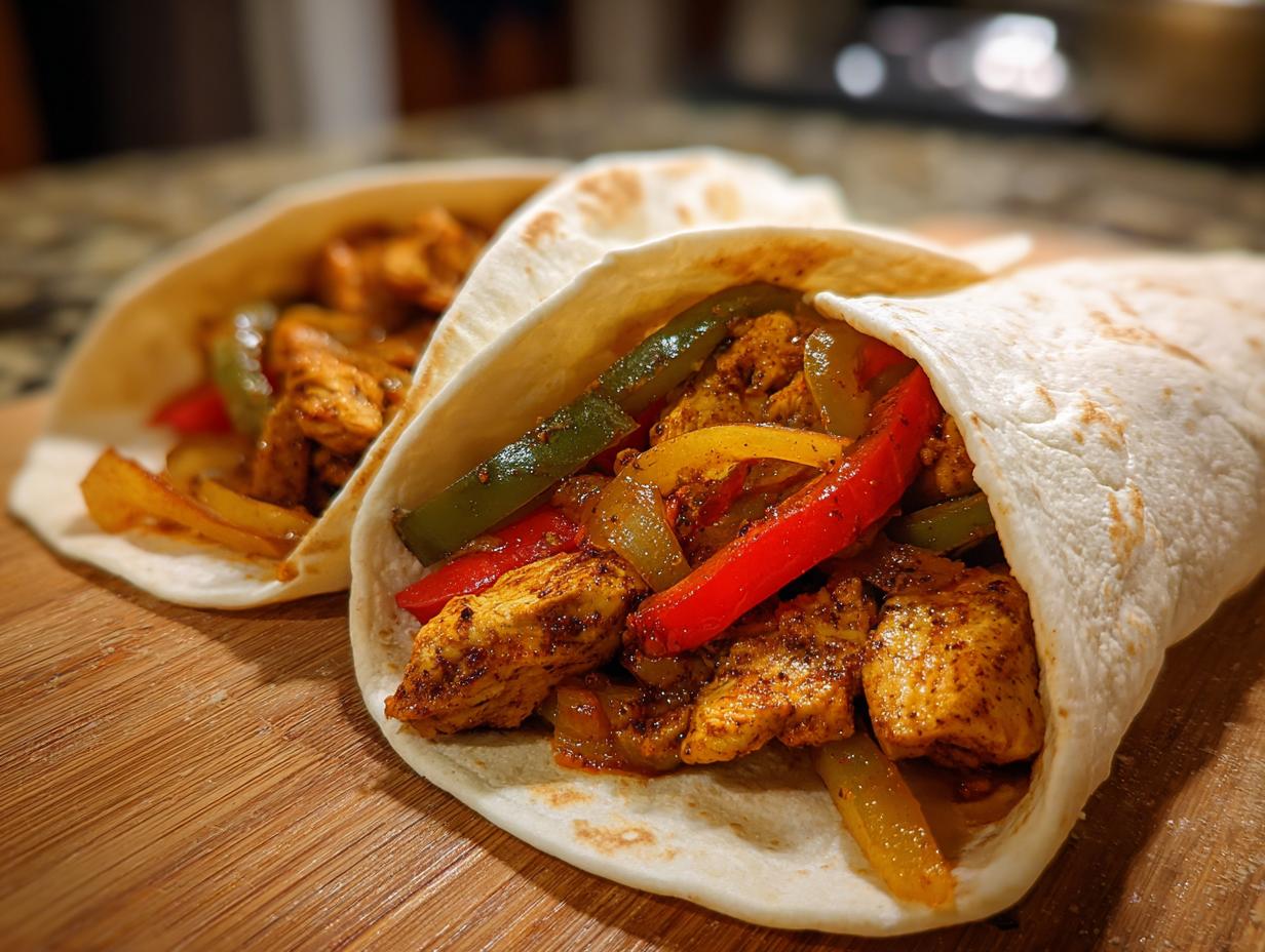 Two Sheet Pan Fajitas filled with seasoned chicken and colorful bell peppers in a soft tortilla.