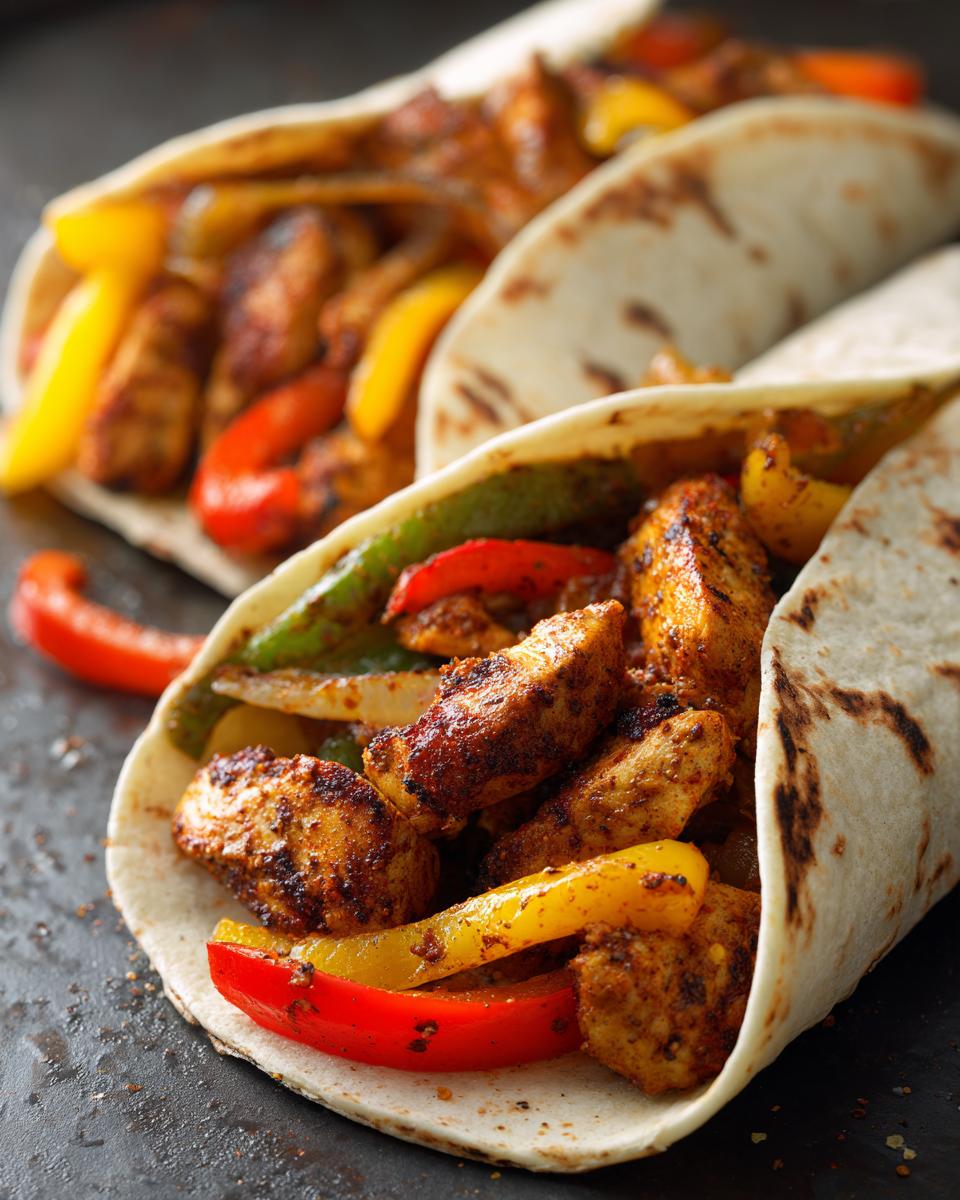Close-up of two Sheet Pan Fajitas filled with seasoned chicken and colorful bell peppers in tortillas.