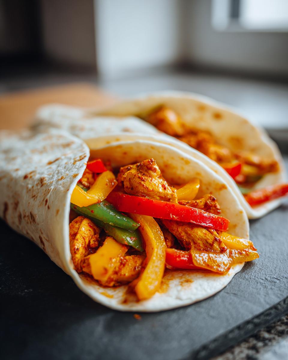 Two Sheet Pan Fajitas filled with chicken and colorful bell peppers in soft tortillas.