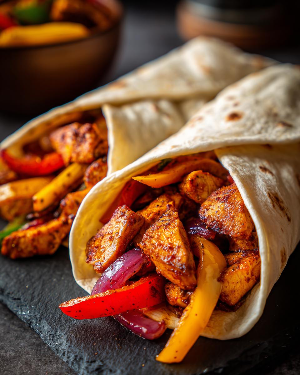 Two Sheet Pan Fajitas wraps filled with grilled chicken, colorful bell peppers, and onions.