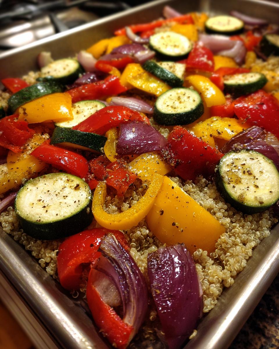 Colorful Sheet Pan Veggie Bowls with quinoa, zucchini, onions, and bell peppers.