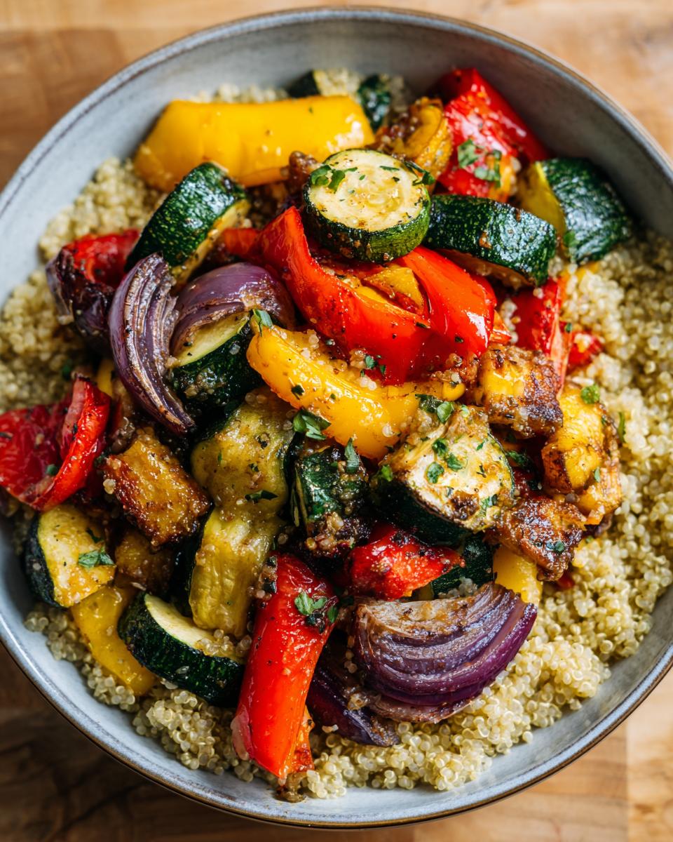 Overhead shot of a bowl filled with quinoa and roasted Sheet Pan Veggie Bowls, including zucchini, peppers, and red onion.