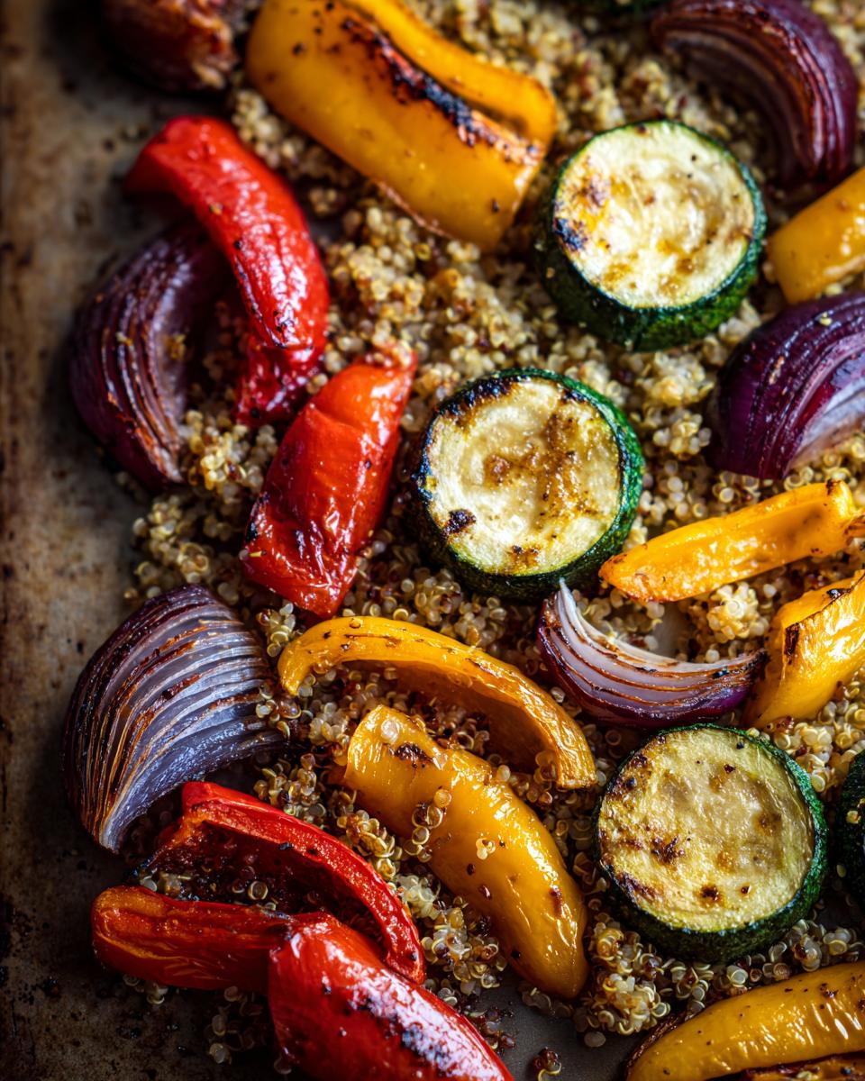 Close-up of roasted vegetables (peppers, zucchini, onions) and quinoa for Sheet Pan Veggie Bowls.