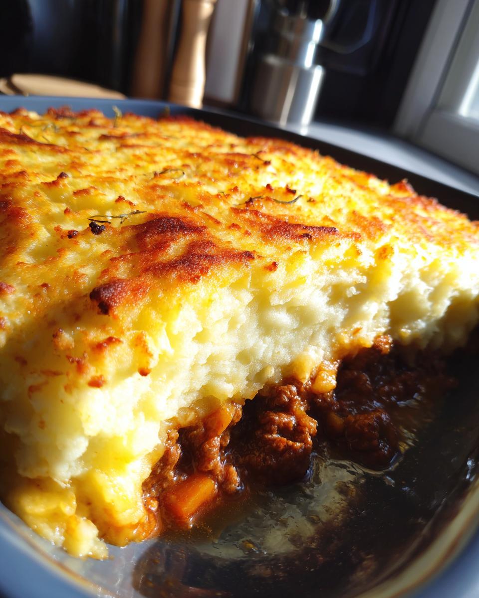 Close-up of a freshly baked Shepherd’s Pie Recipe in a baking dish, showing the layers of meat and mashed potato.