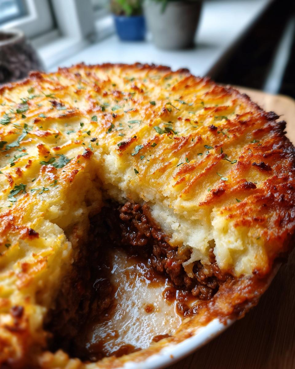 Close-up of a Shepherd’s Pie with a scoop removed, showcasing the meat filling and golden mashed potato crust.