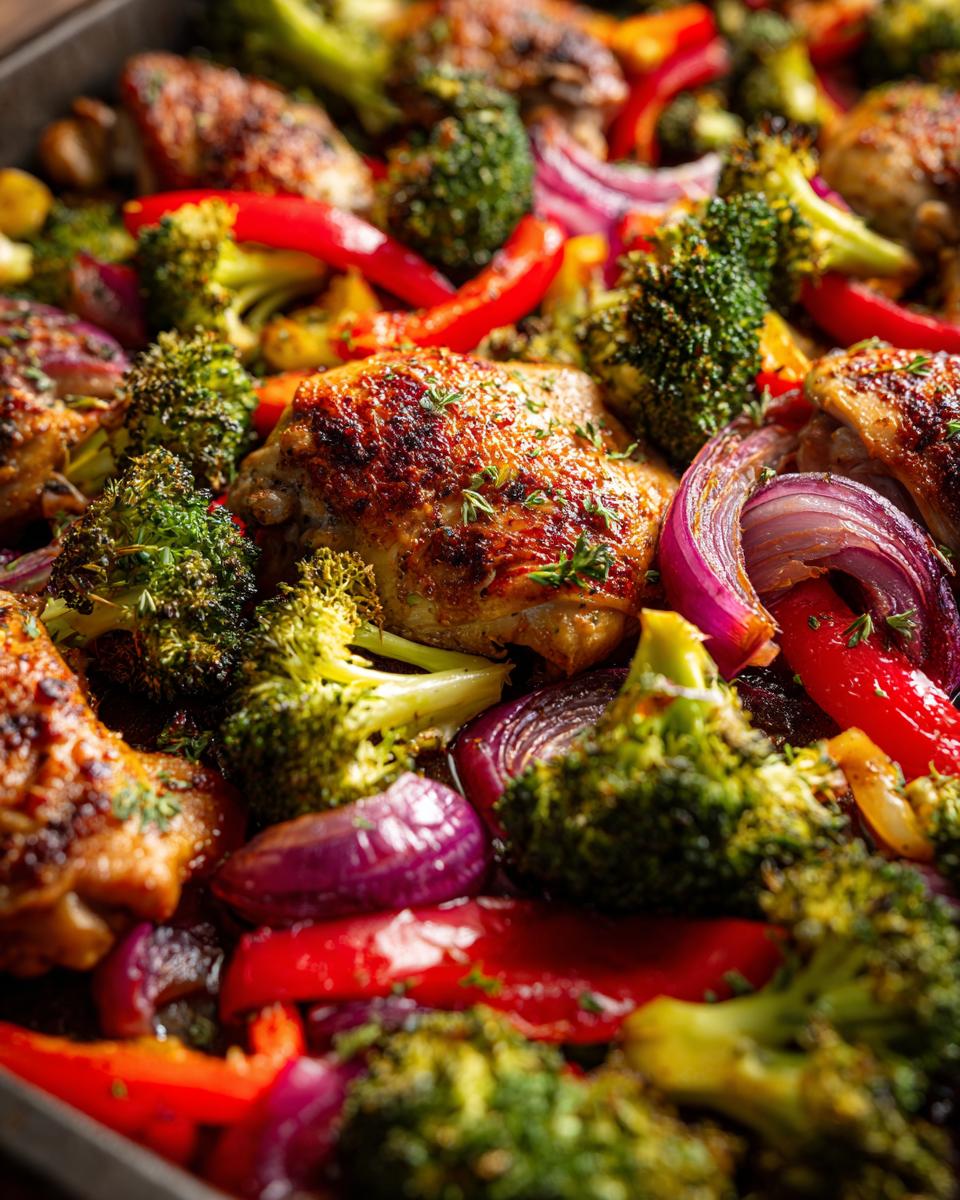 Close-up of a Simple Chicken Sheet Pan Dinner with roasted chicken thighs, broccoli, red bell peppers, and red onions.