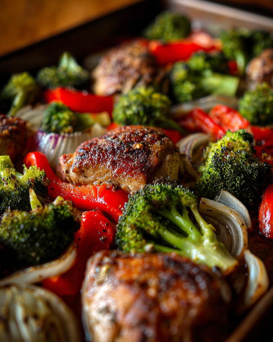 Close-up of a Simple Chicken Sheet Pan Dinner with chicken, broccoli, red peppers, and onions.